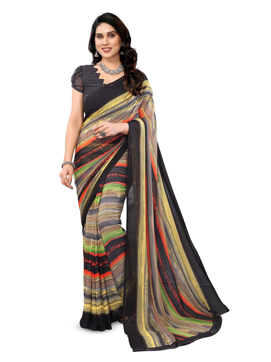 

ANAND SAREES Striped Printed Saree, Black