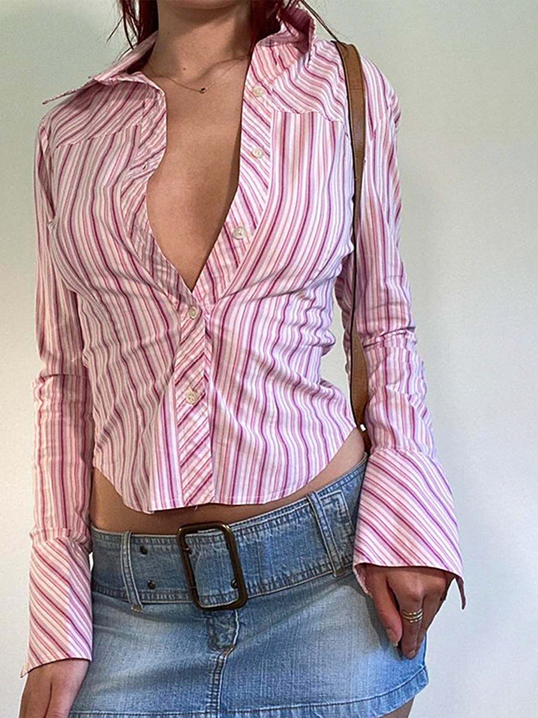 

LULU & SKY Women Spread Collar Vertical Striped Slim Fit Casual Shirt, Pink