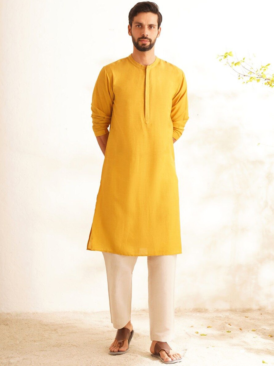 

JAYPORE Mandarin Collar Cotton Straight Kurta, Mustard