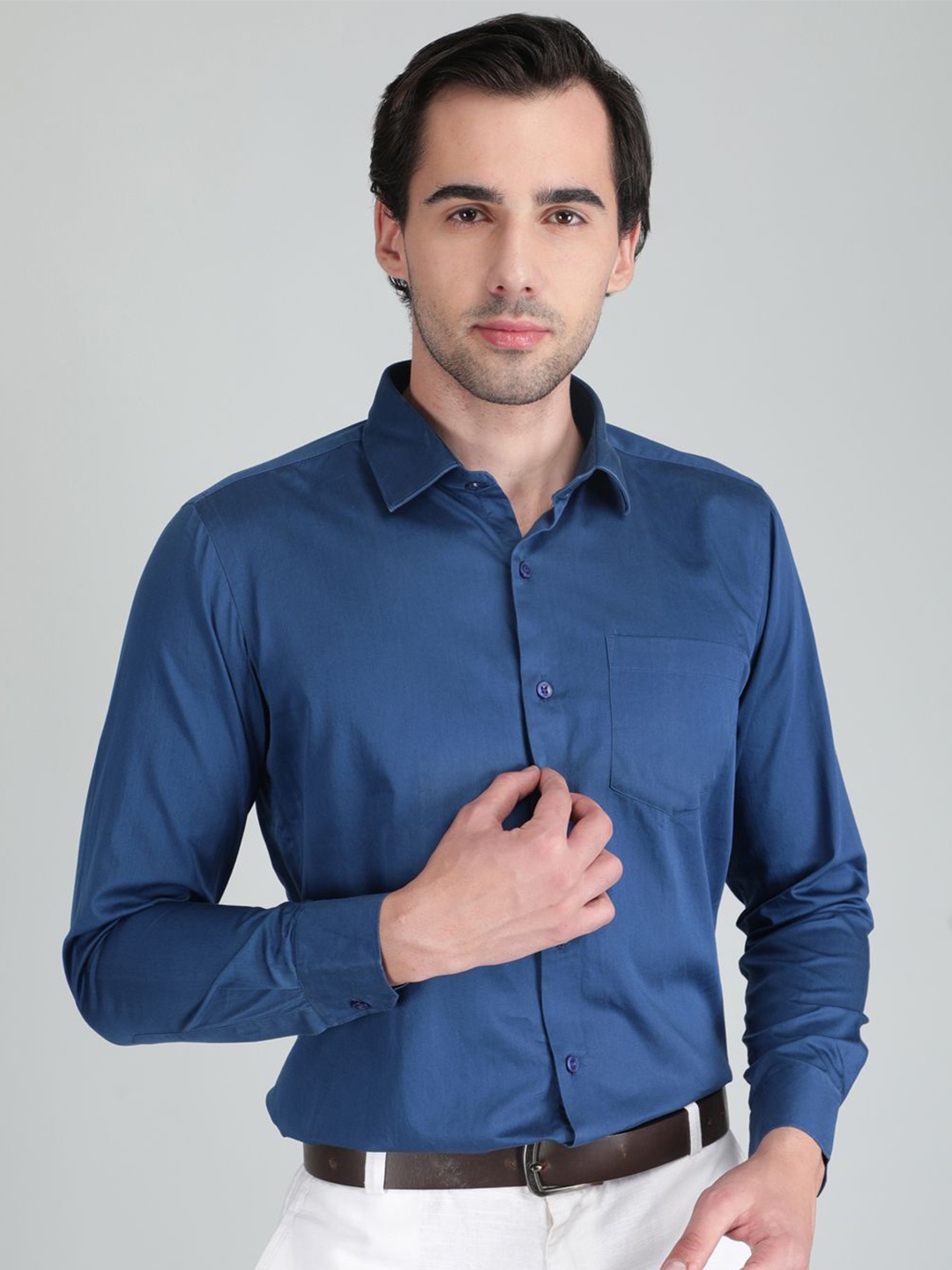 

TQS Men Spread Collar Solid Cotton Formal Shirt, Blue