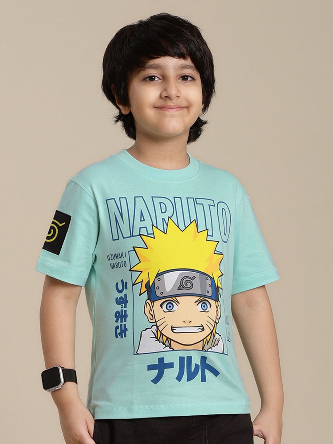 

Kids Ville Boys Graphic Printed Round Neck Cotton Naruto T-shirt, Green