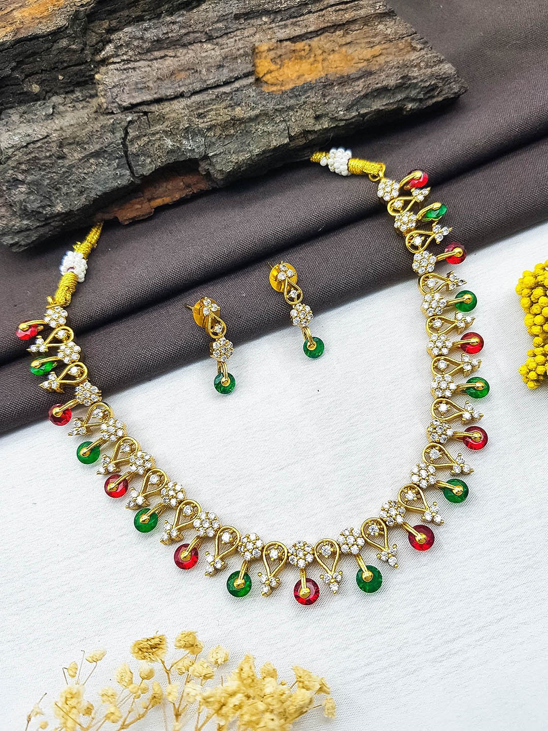 

GRIIHAM Premium Sayara Gold-Plated CZ Stone-Studded & Beaded Jewellery Set