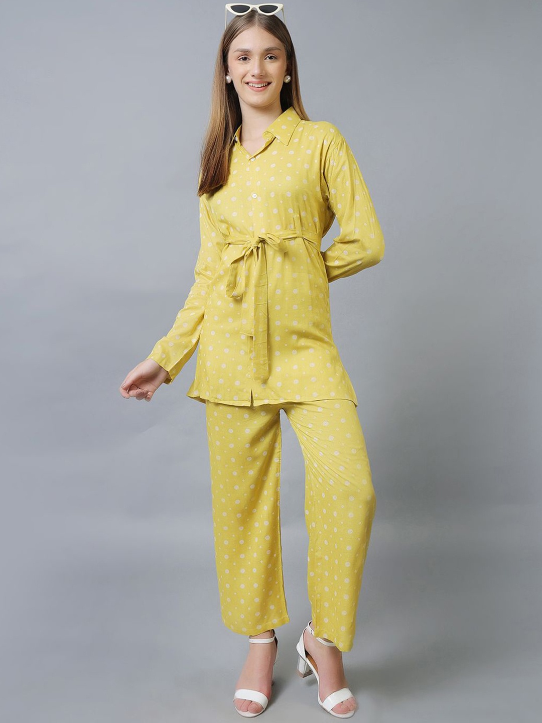 

Xivir Polka Dot Print Belted Shirt With Trousers Co-Ords, Yellow