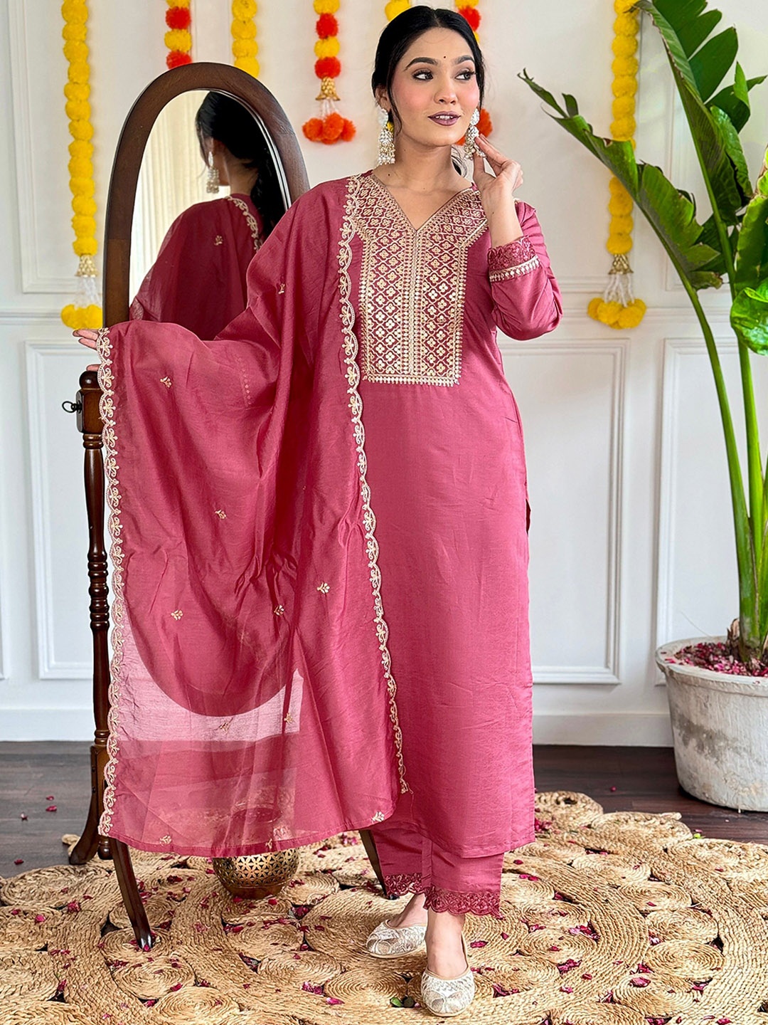 

KALINI Floral Embroidered Sequinned Chanderi Silk Straight Kurta With Trousers & Dupatta, Pink