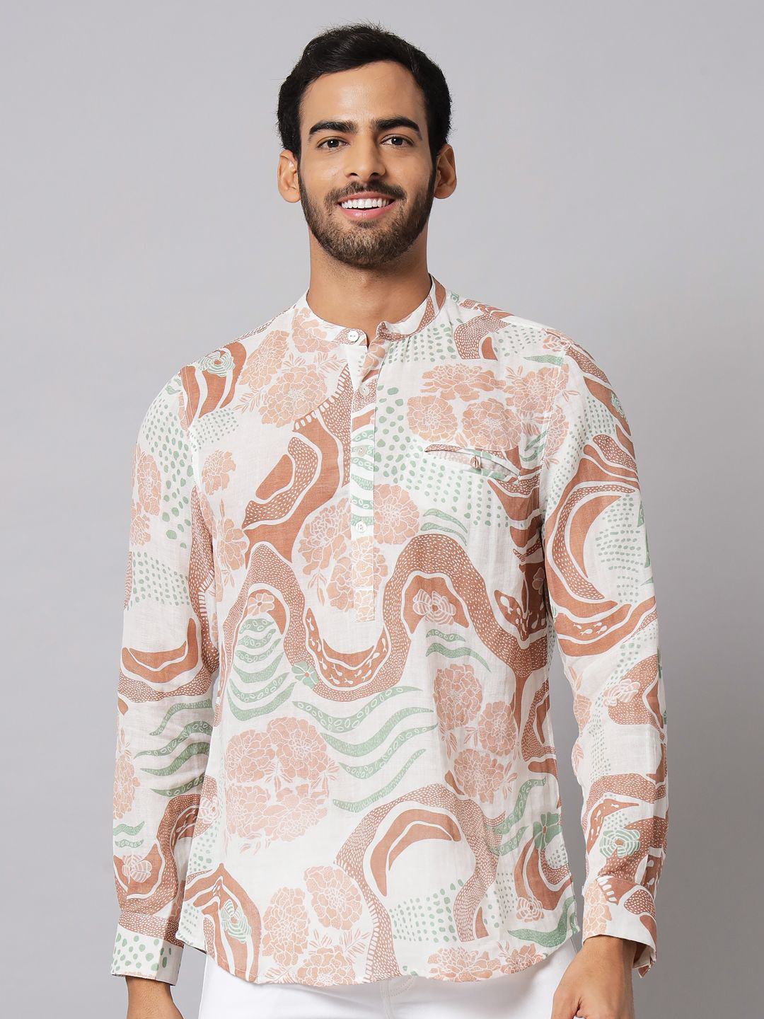 

AMBI Men Standard Band Collar Floral Printed Cotton Casual Shirt, Cream