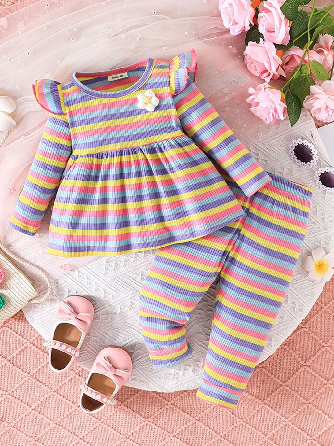 

INCLUD Girls Striped Round Neck Top With Trousers, Yellow
