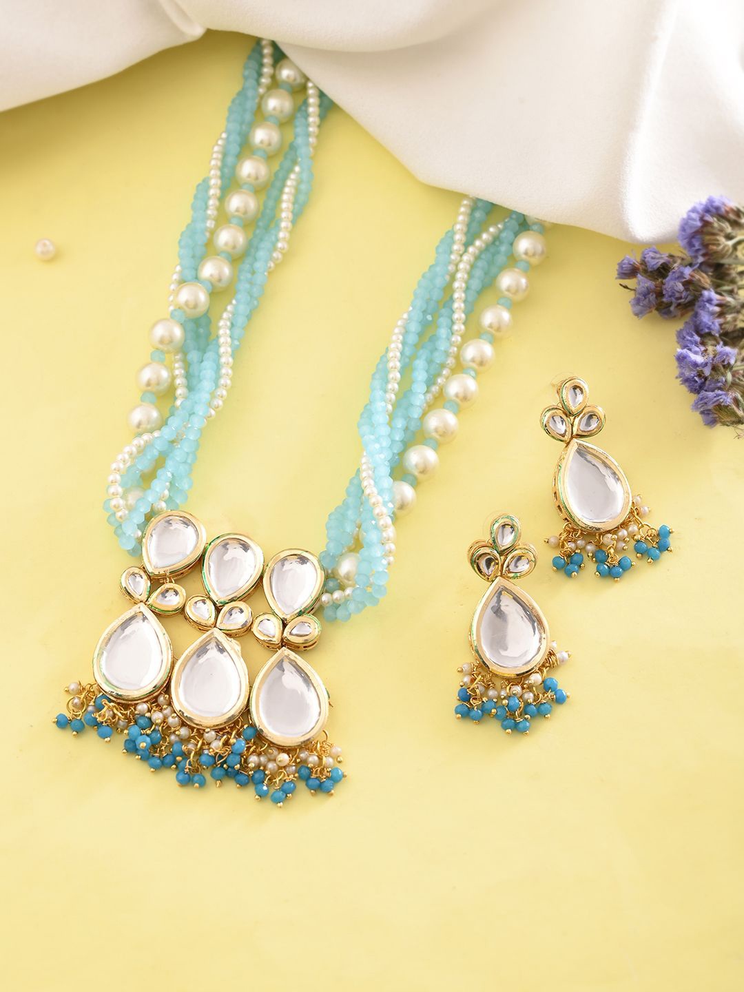 

Silvermerc Designs Gold-Plated Kundan Studded & Beaded Jewellery Set