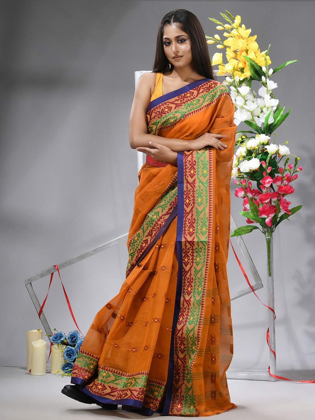 

TANTLOOM Ethnic Motifs Woven Design Pure Cotton Saree, Orange