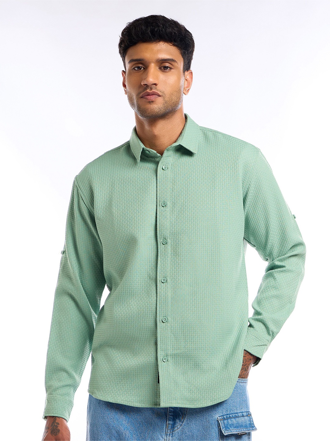 

Beyoung Men Self Design Textured Spread Collar Casual Shirt, Green