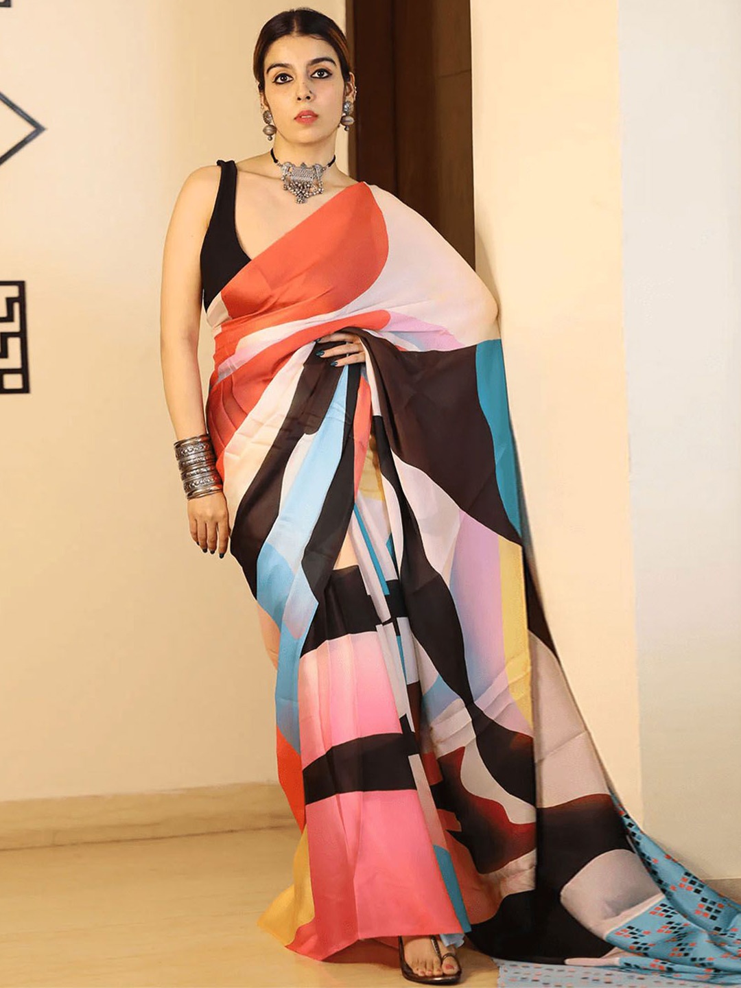 

ODETTE Abstract Printed Satin Saree, Black