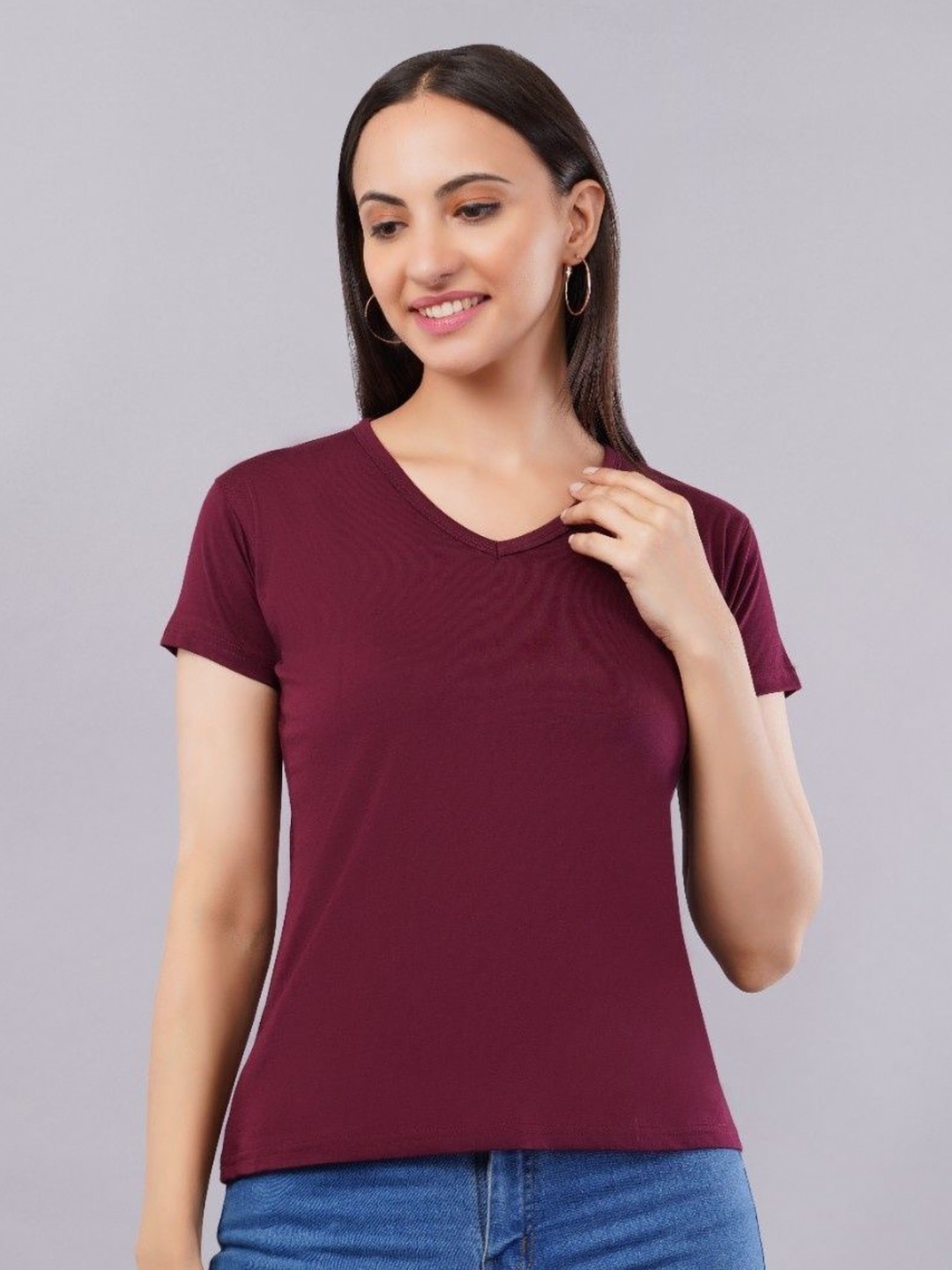 

BAESD Women Bio Finish Solid V-Neck Cotton Relaxed Fit T-shirt, Maroon