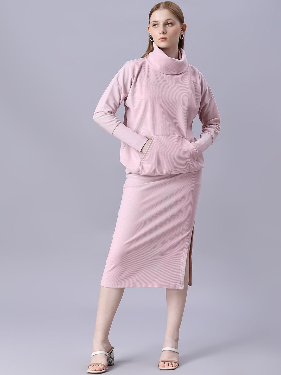 

Autumn Hues High Neck Sweatshirt With Skirt Co-Ords, Pink
