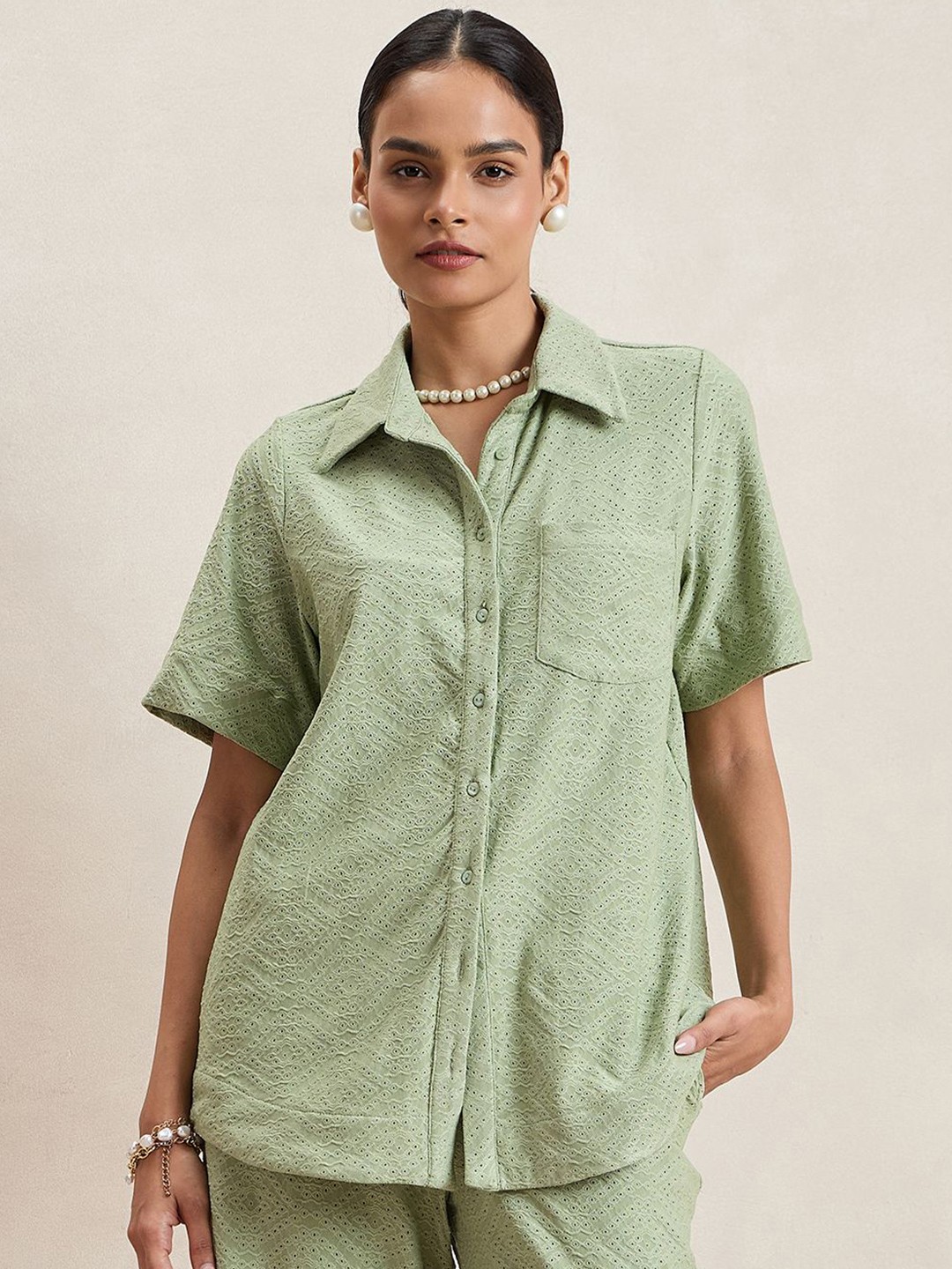 

FEMMELLA Women Comfort Spread Collar Schiffli Casual Shirt, Green