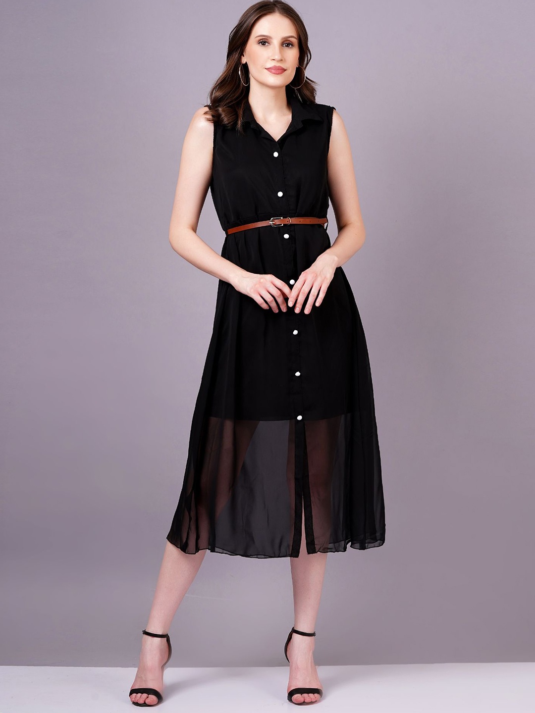 

BAESD Women Shirt Collar A-line Midi Dress, Black