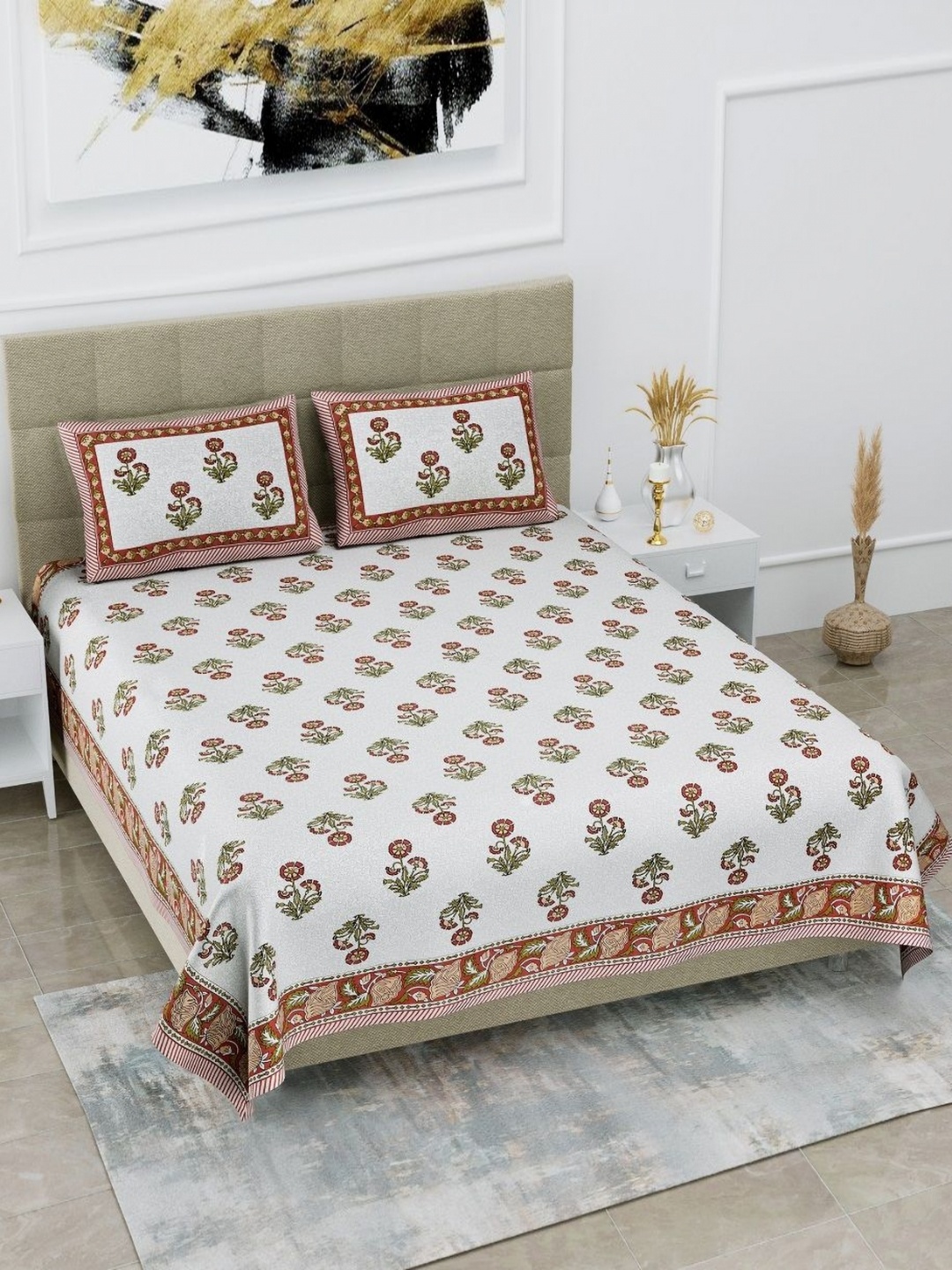 

HOMELINE Brown & White Floral Printed Cotton 180 TC King Bedsheet Set 2.74 x 2.54m