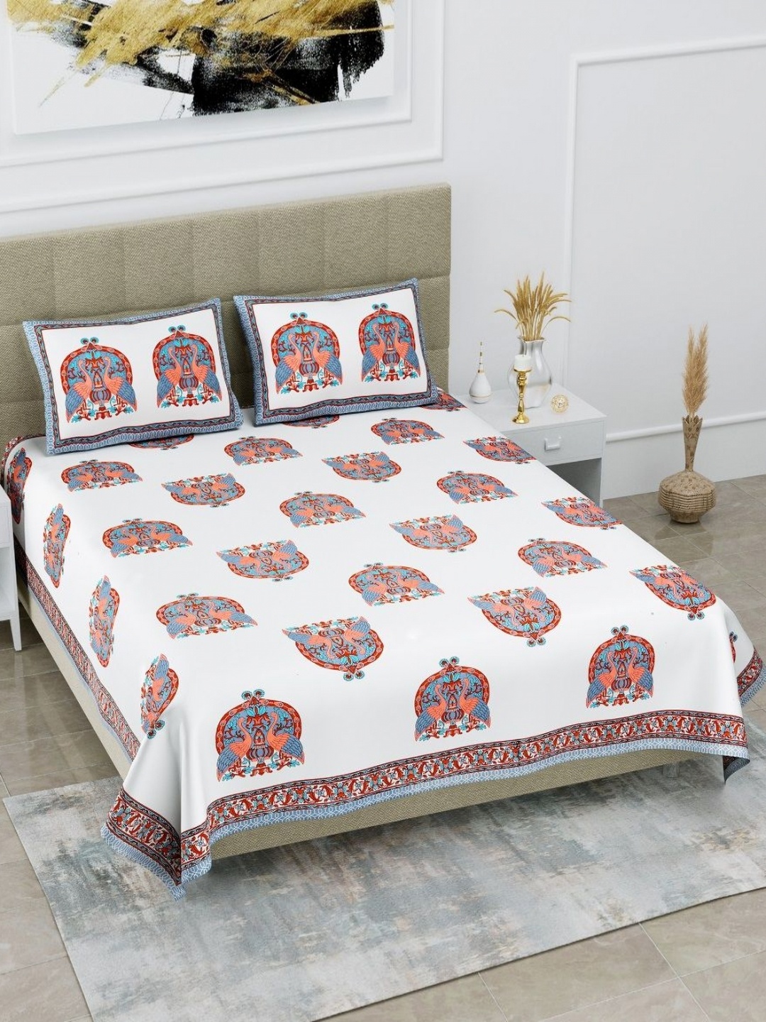 

HOMELINE Blue & White Ethnic Motifs Pure Cotton 180 TC King Bedsheet Set 2.54 x 2.74Mts