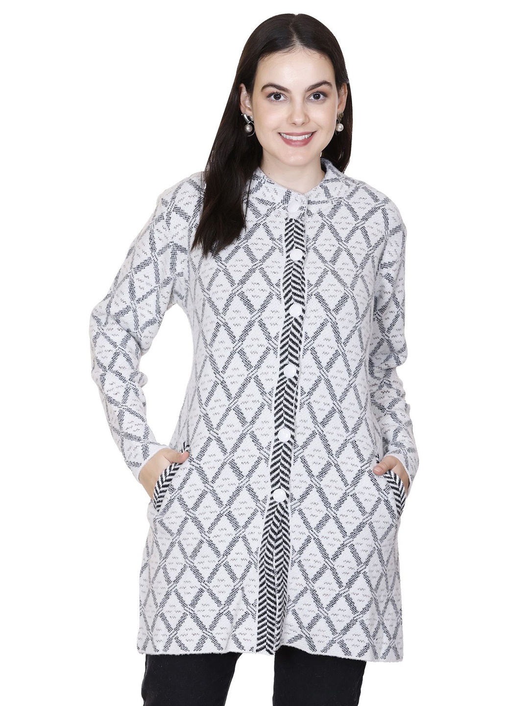 

SOSHAGUN OSWAL Women Printed Woollen Cardigan Sweaters, White