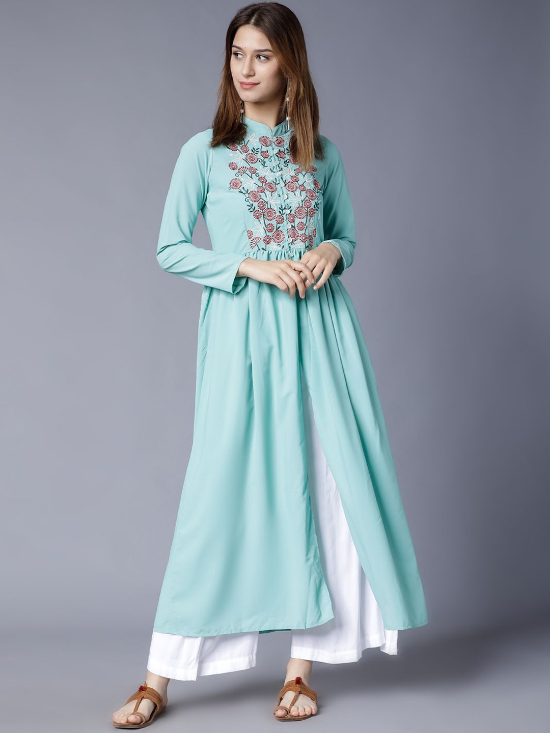 

Vishudh Green Floral Embriodered Mandarin Collar Thread Work Gathered Anarkali Kurta