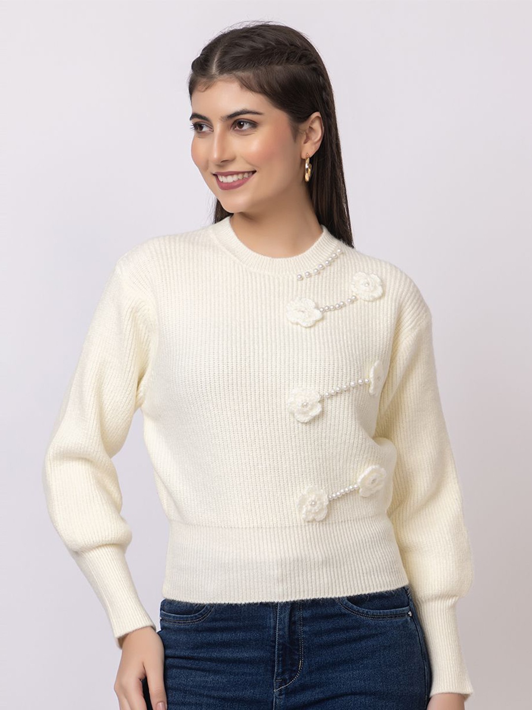 

GFO Women Floral Self Design Pullover Sweaters, White
