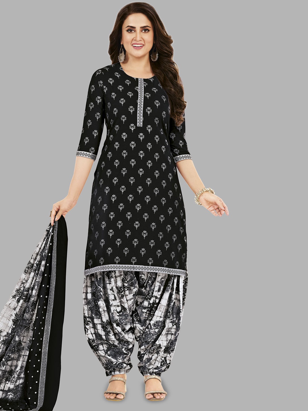

MIRAAN Floral Printed Pure Cotton Unstitched Dress Material, Black