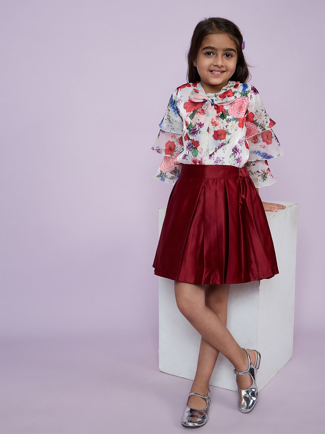 

Peppermint Girls Floral Printed Shirt Collar Top With Skirt, Maroon