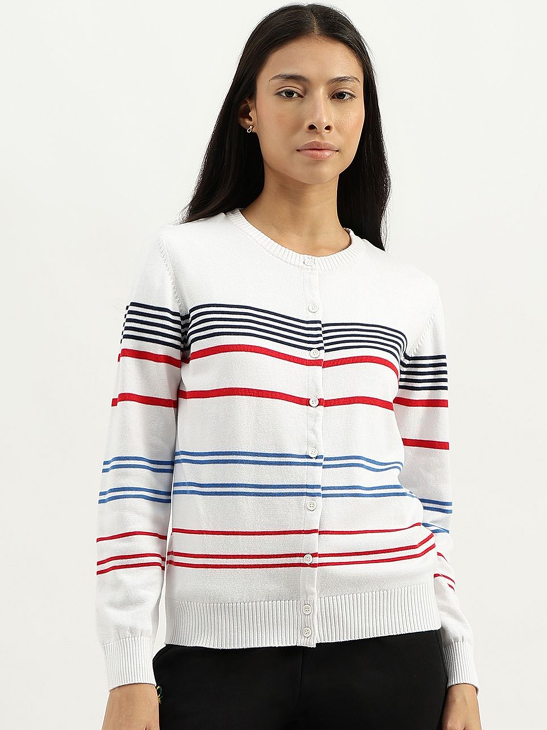 

United Colors of Benetton Women Striped Cotton Cardigan, White