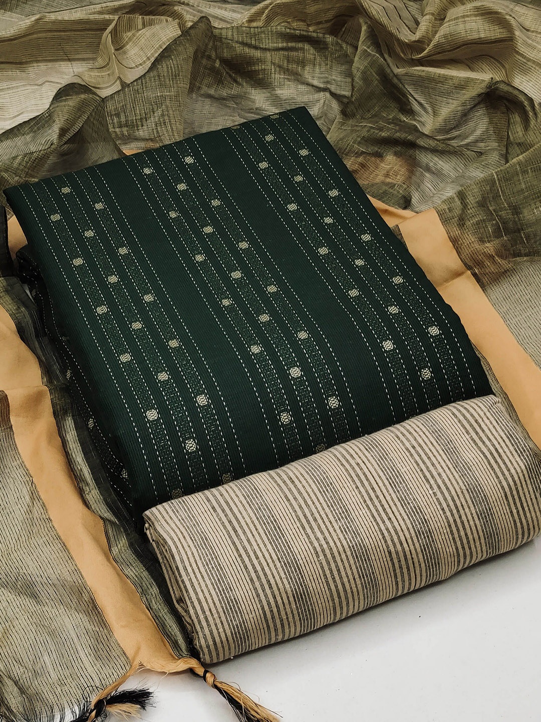 

Maroosh Striped Woven Design Unstitched Dress Material, Green