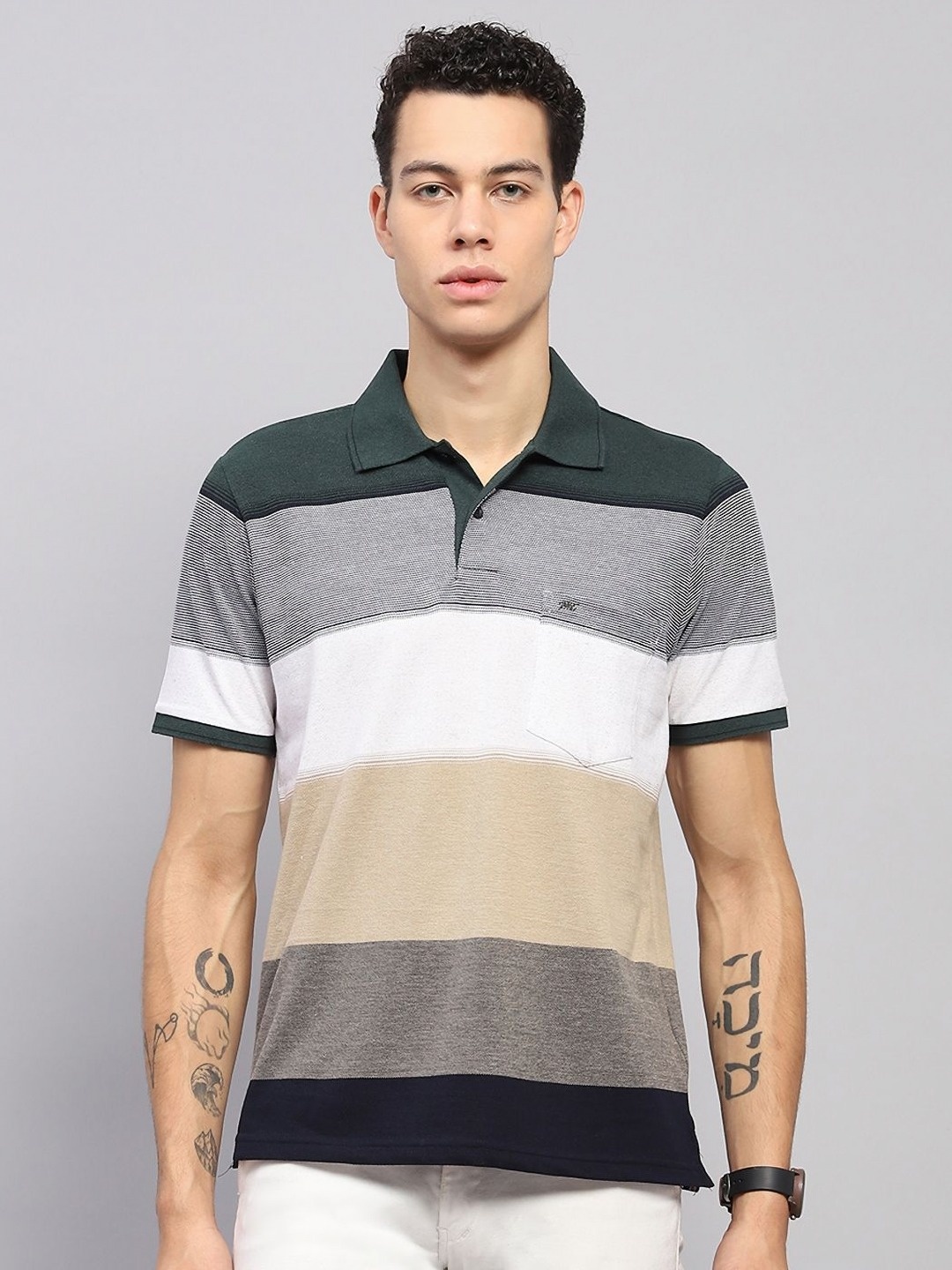

Monte Carlo Men Striped Polo Collar Cotton T-shirt, Green