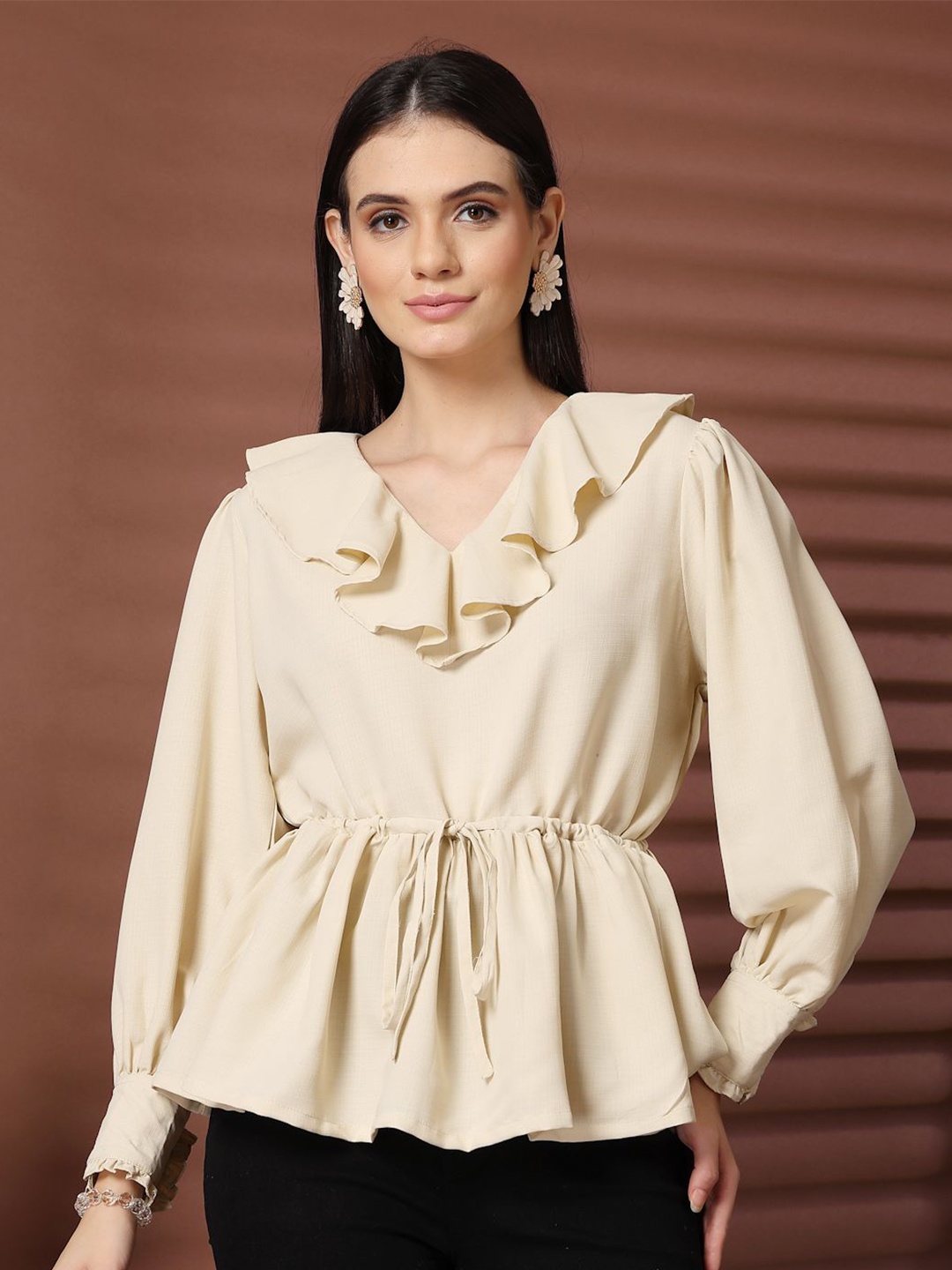 

plusS Women V-Neck Long Sleeves Top, Beige