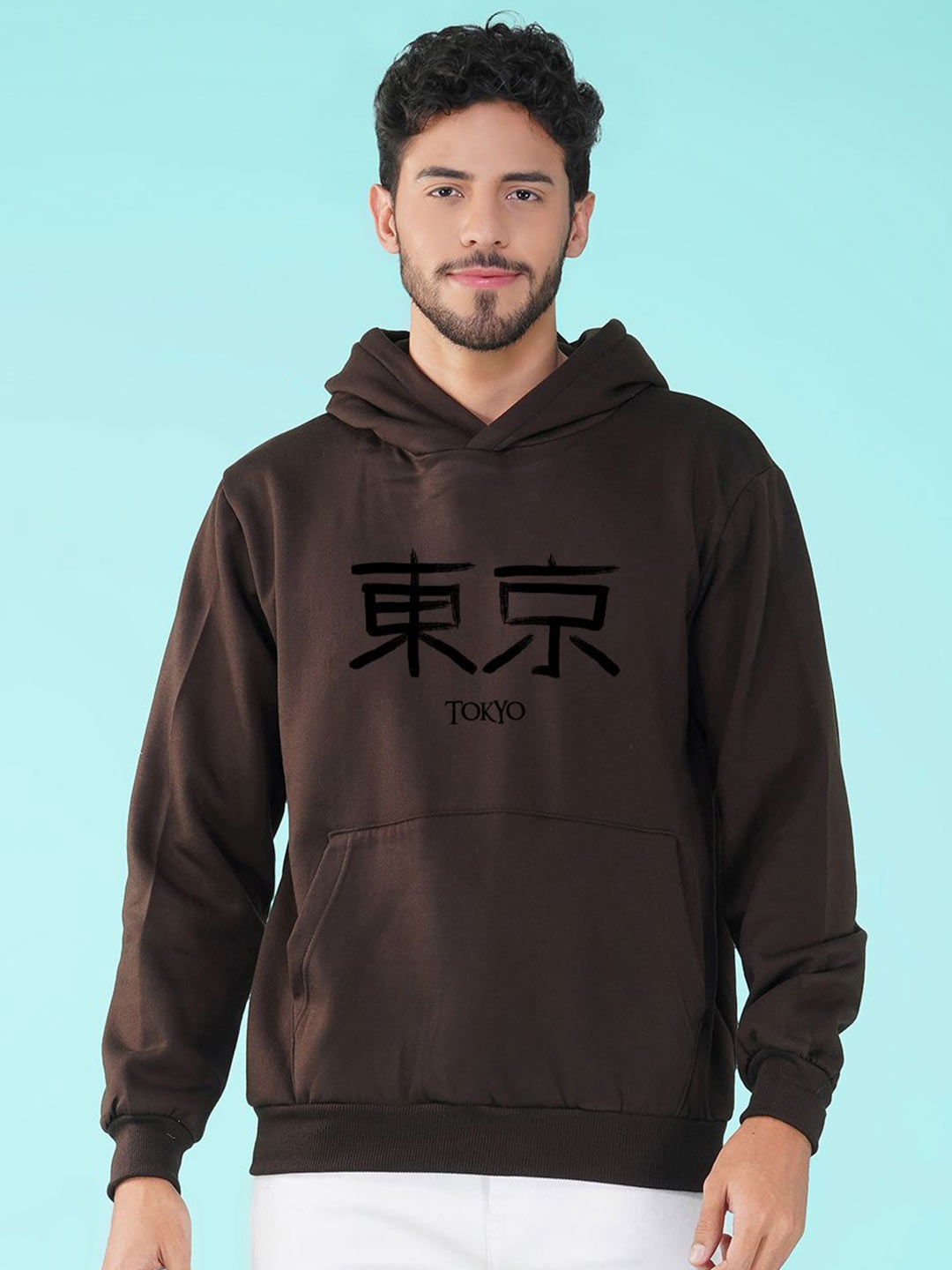 

NUSYL Men Tokyo Text Printed Hooded Sweatshirt, Brown