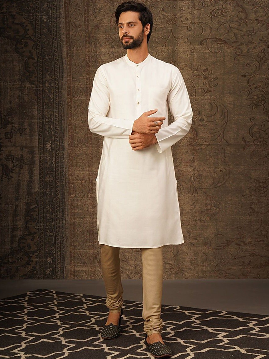 

JAYPORE Mandarin Collar Straight Kurta, Off white