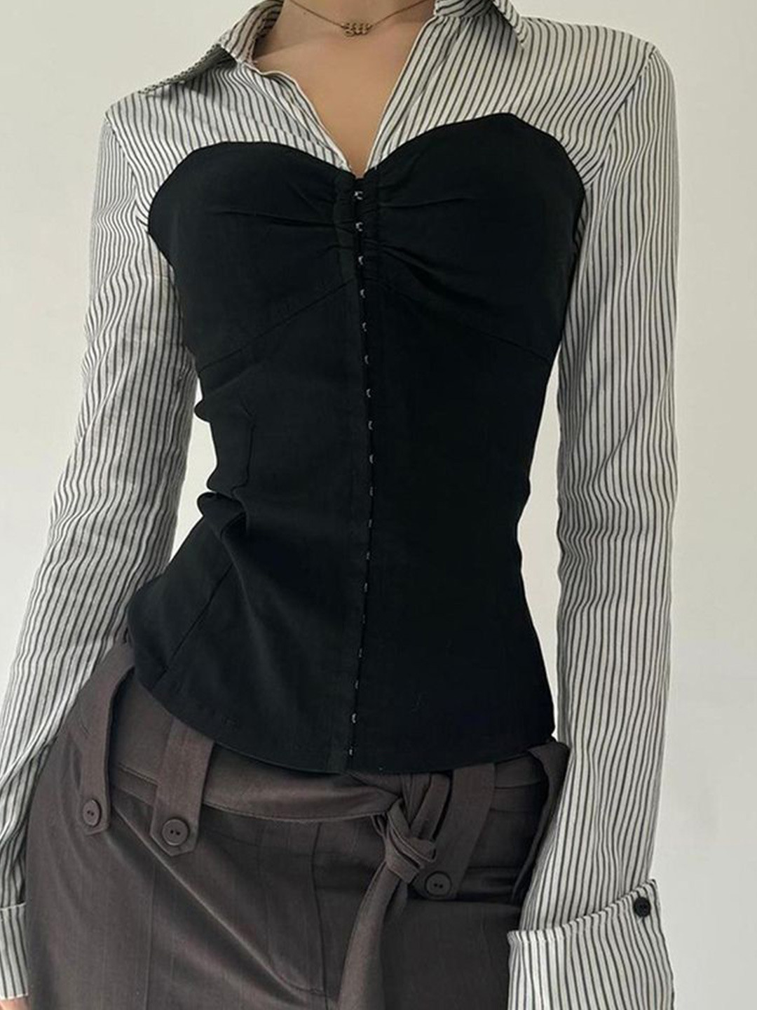 

LULU & SKY Women Striped Shirt Style Top, Black