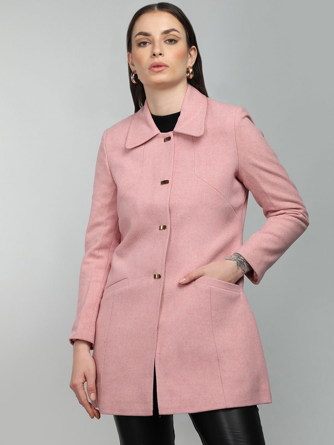 

HONNETE Women Spread Collar Single-Breasted Long Trench Coat, Pink