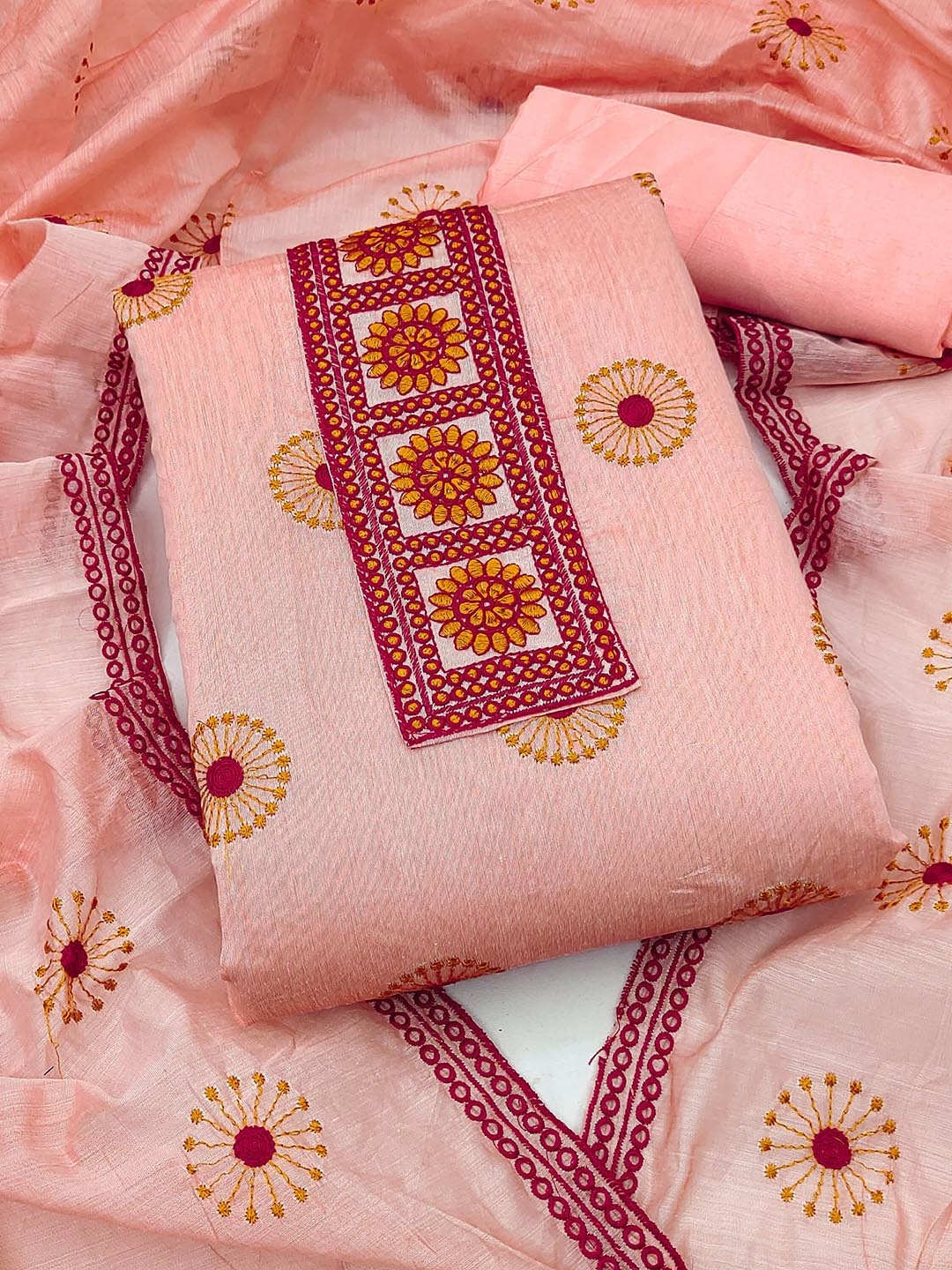 

Maroosh Floral Embroidered Unstitched Dress Material, Peach