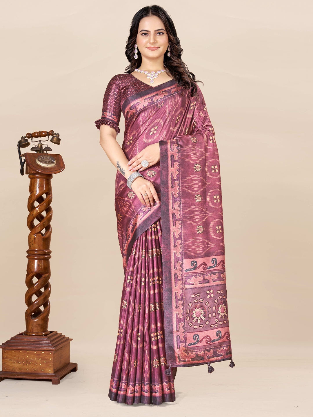 

ETHNIC TODAY Printed Traditional Ikat Saree, Purple