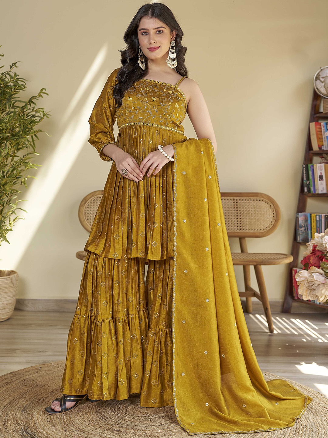 

CHANSI Ethnic Motifs Embroidered Pleated Mirror Work A-Line Kurti With Sharara & Dupatta, Mustard