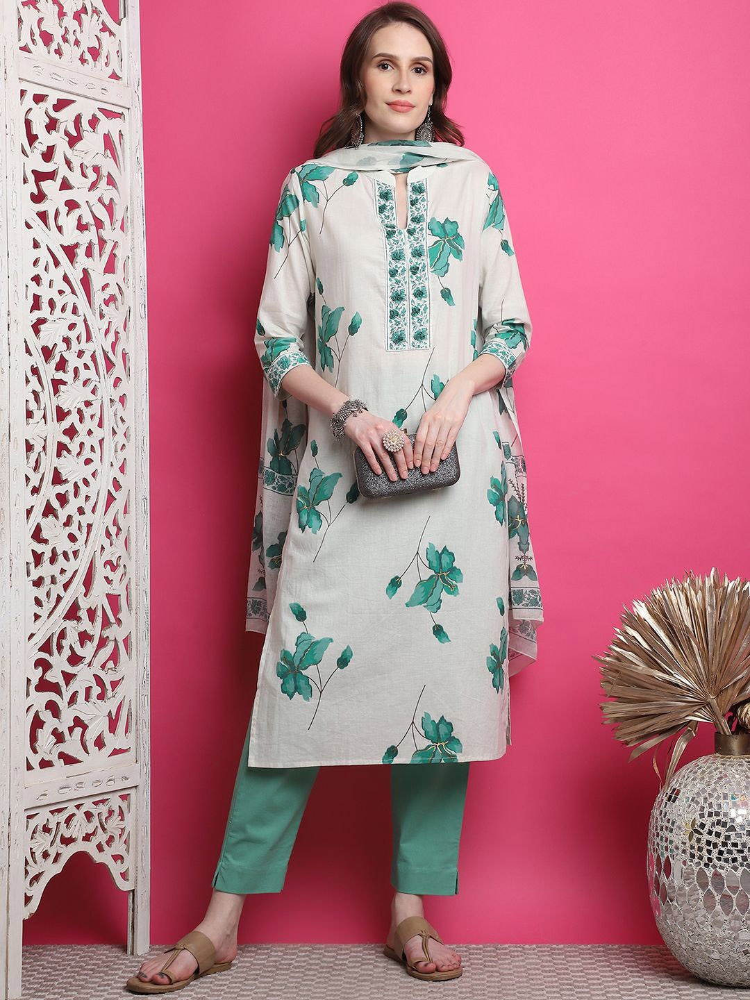 

KALINI Floral Printed Pure Cotton Straight Kurta With Trousers & Dupatta, Green