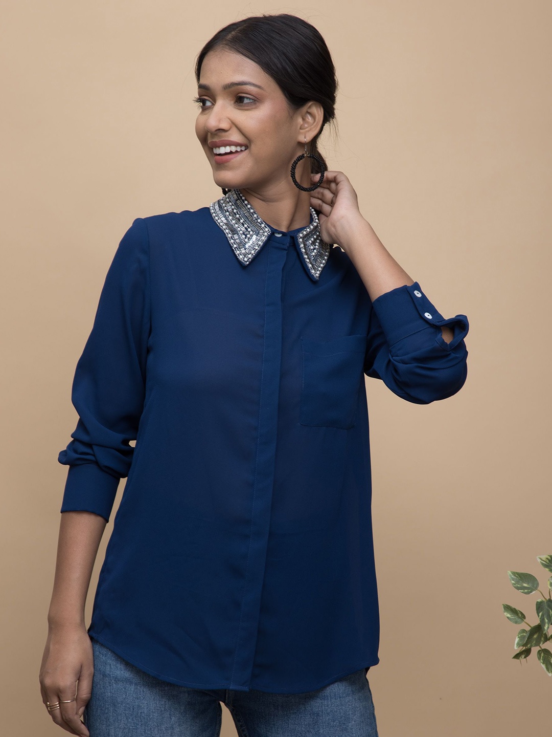 

NIRMOK Women Smart Opaque Printed Casual Shirt, Blue