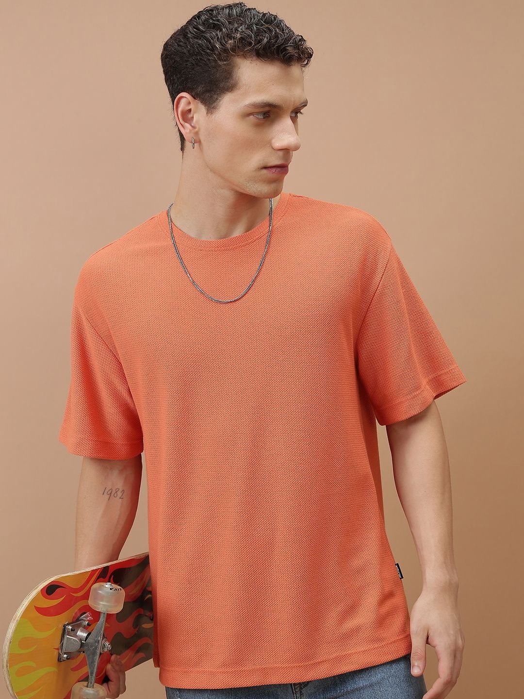 

HIGHLANDER Men Self Design Round Neck Oversized T-shirt, Orange