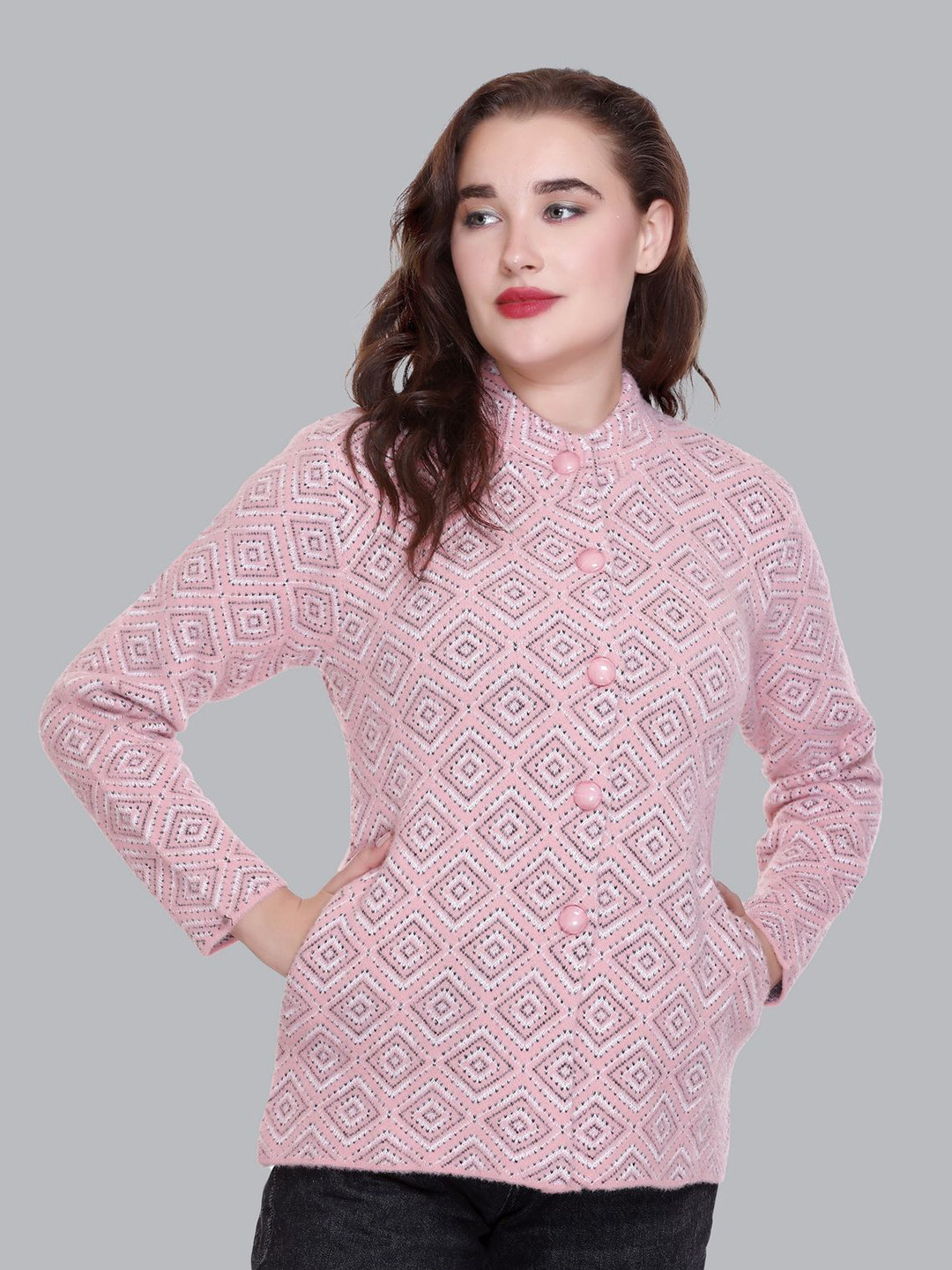 

SOSHAGUN OSWAL Women embroidered Woollen Cardigan, Pink