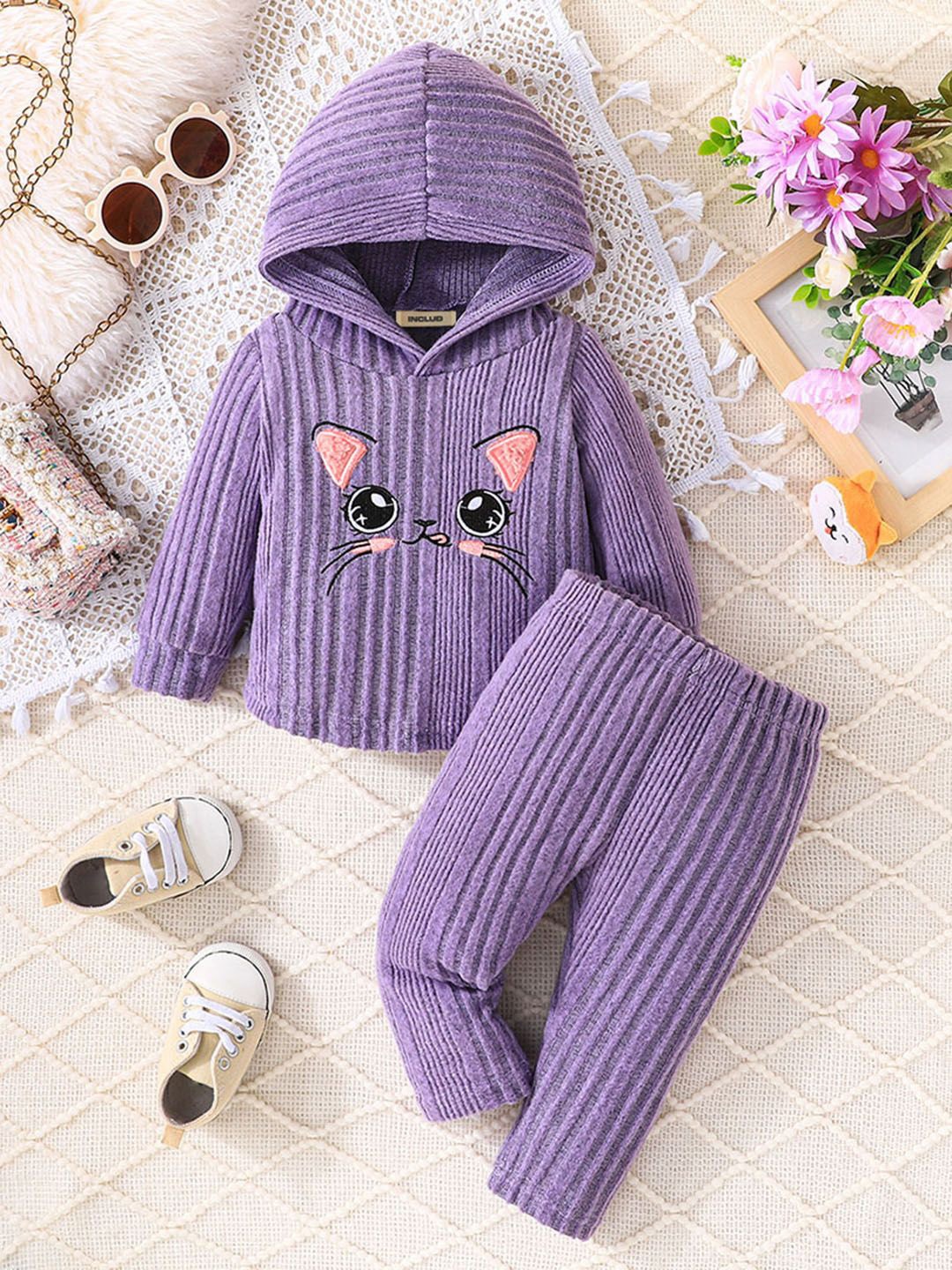 

INCLUD Girls Embroidered Hooded Sweatshirt With Trousers, Purple