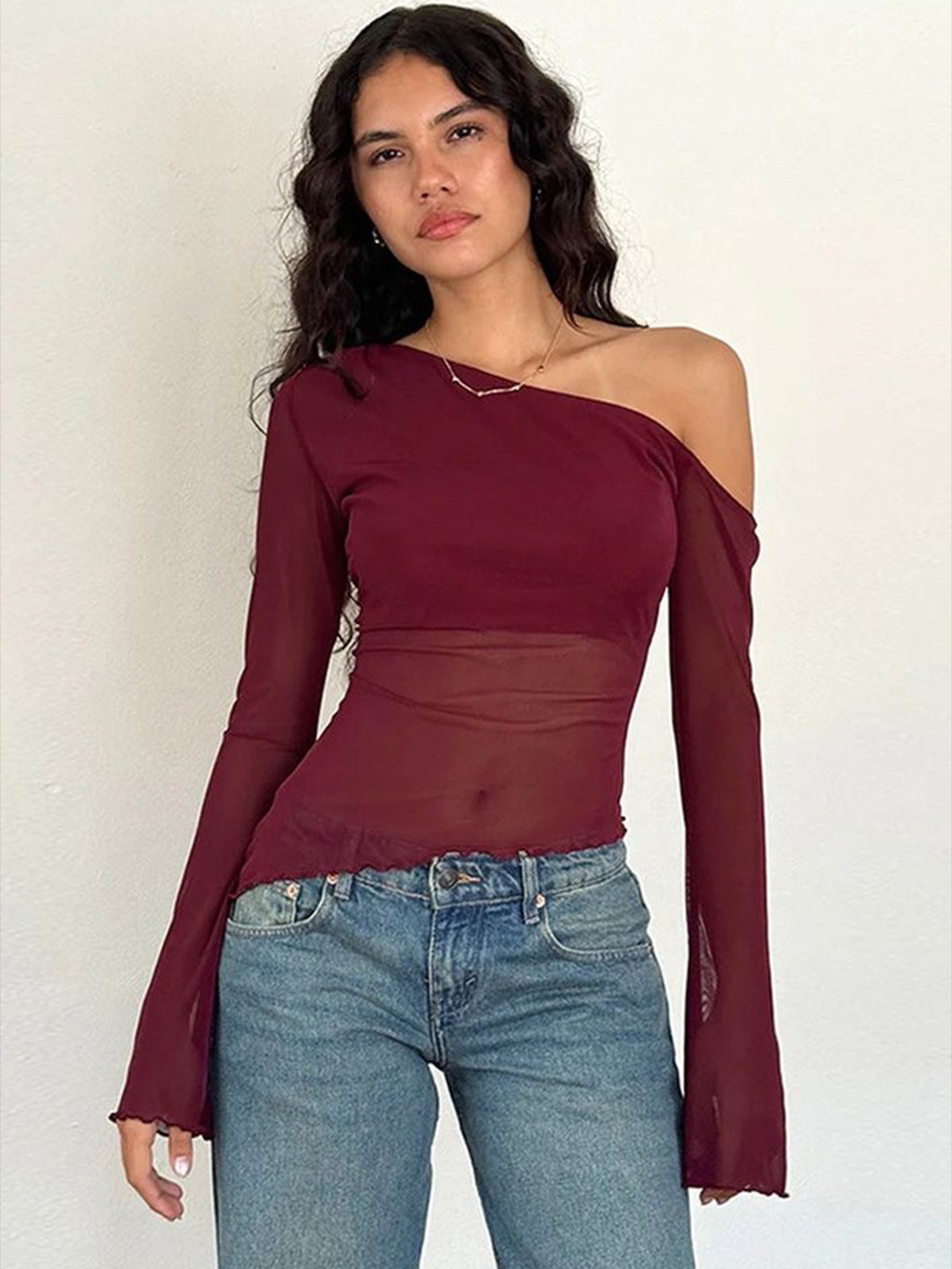 

LULU & SKY Women Solid One Shoulder Top, Maroon