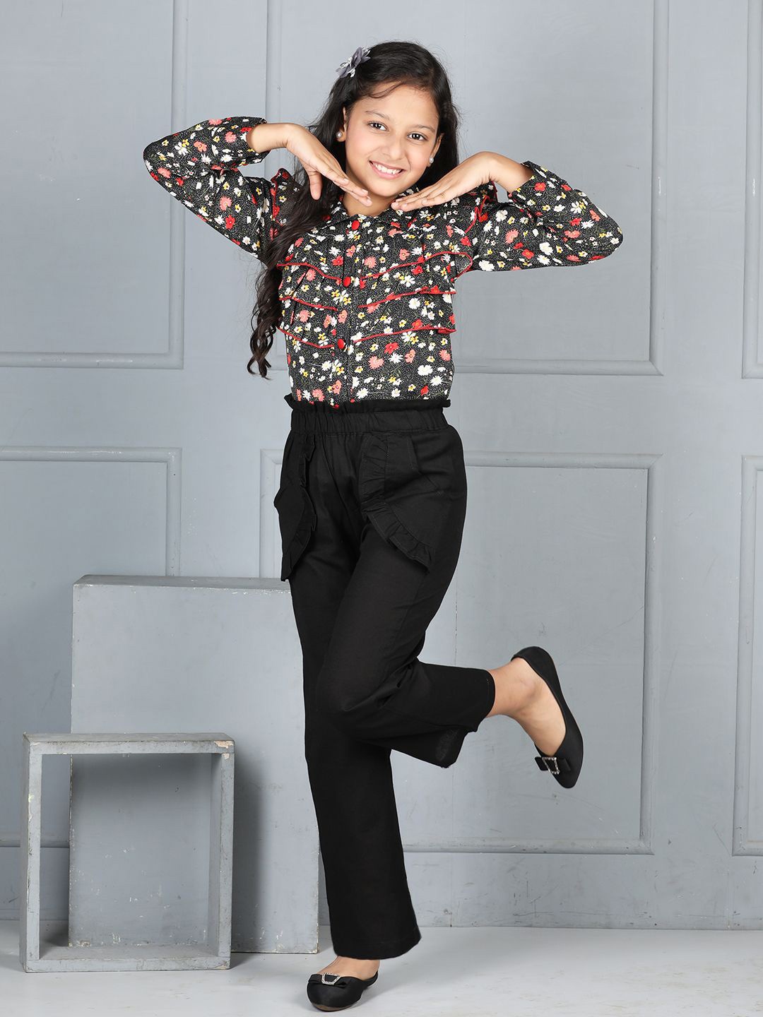 

Cutiekins Girls Floral Printed Shirt Collar Shirt With Trouser, Black
