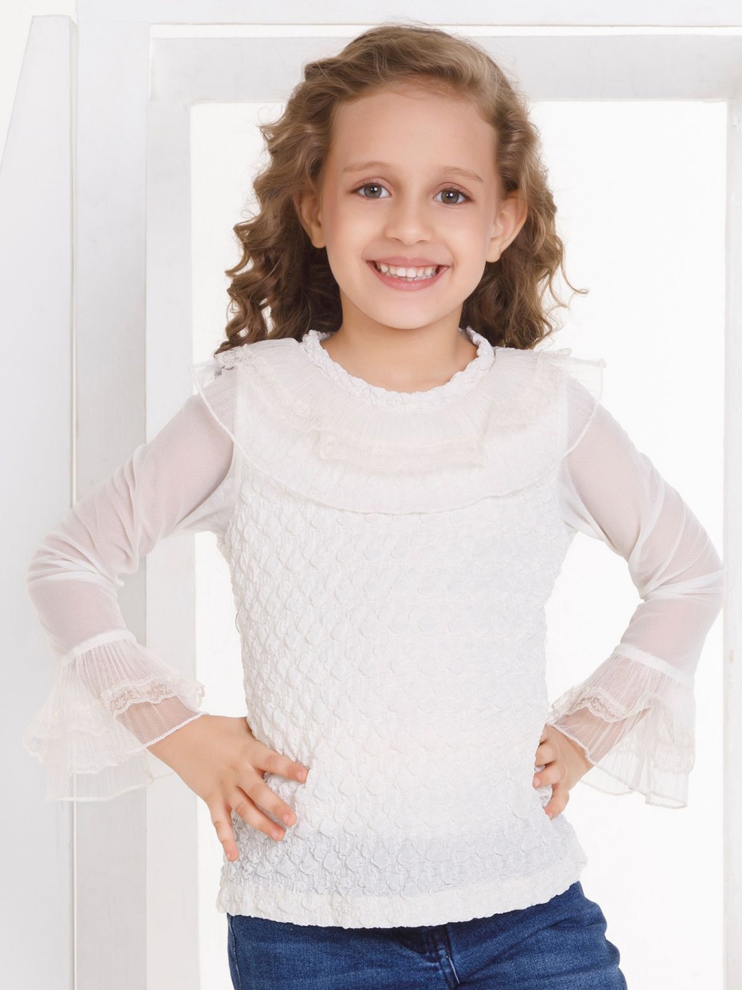 

Peppermint Girls Self Design Bell Sleeves Top, Off white