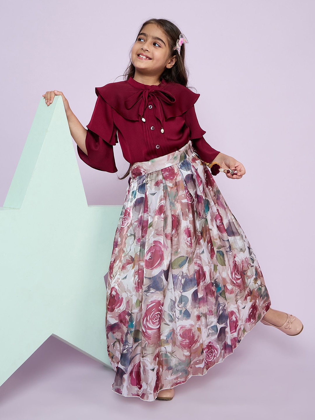 

Peppermint Girls Self Design Mandarin Collar Top With Skirt, Maroon