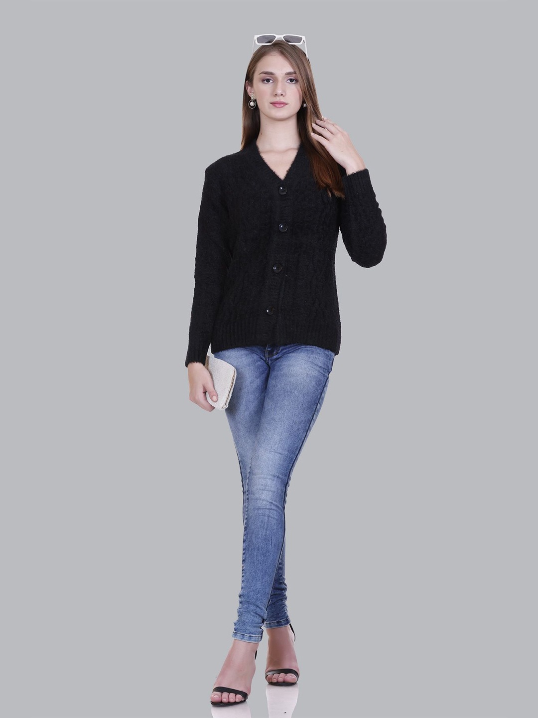 

SOSHAGUN OSWAL Women Woollen Cardigan Sweaters, Black