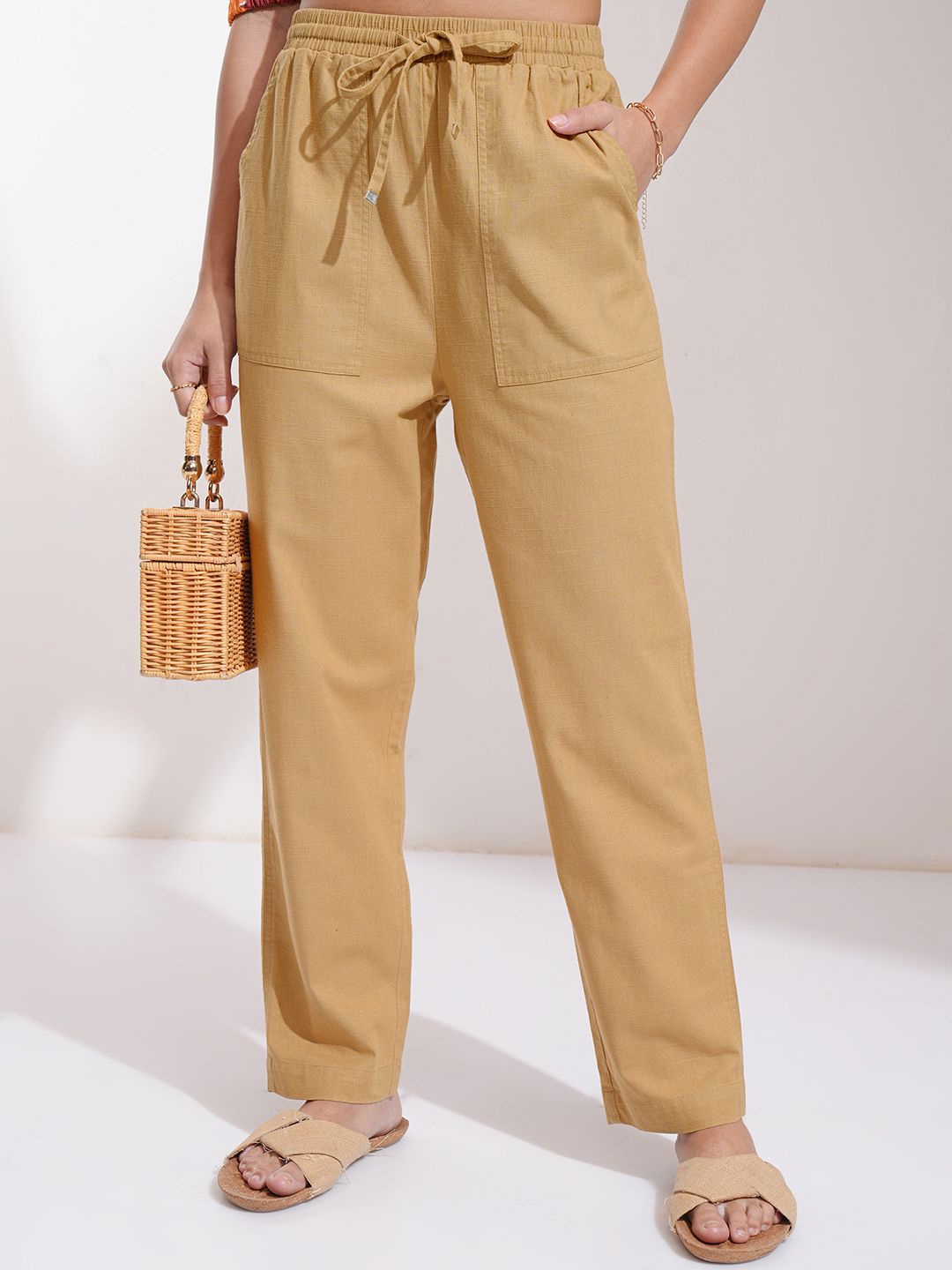 

Tokyo Talkies Women Solid High-Rise Trousers, Camel brown