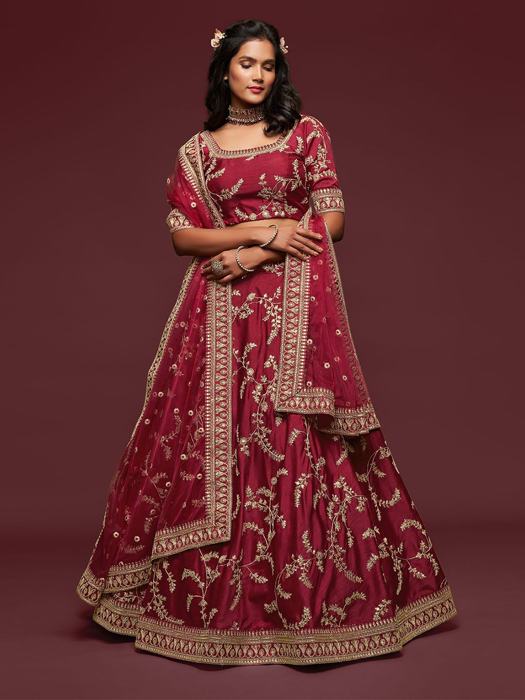 

ODETTE Embroidered Semi-Stitched Lehenga & Unstitched Blouse With Dupatta, Maroon