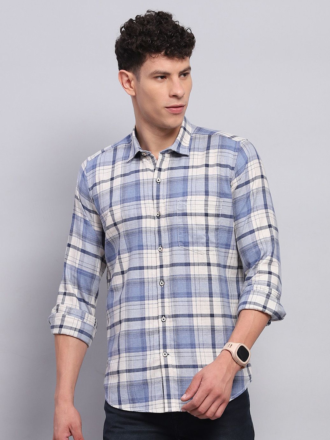 

Monte Carlo Men Spread Collar Tartan Checked Cotton Casual Shirt, Blue