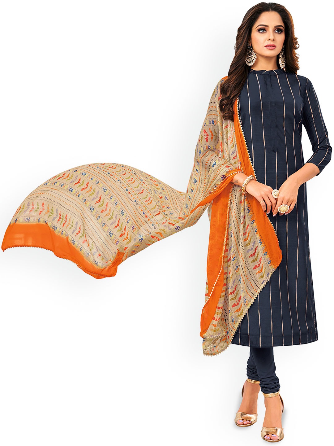 

Maroosh Striped Unstitched Dress Material, Blue